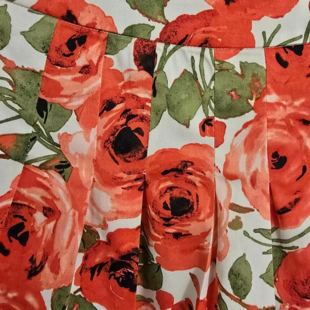 Appleseed's Petites White w/ Coral Multicolor Roses Floral Pleated Skirt Size 10